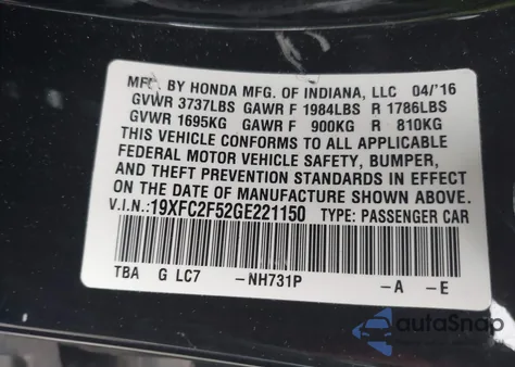 2016 Honda Civic Lx from USA, damaged, VIN 19XFC2F52GE221150